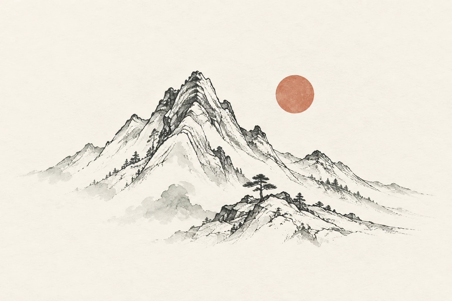Fine ink-drawn mountain peaks beneath a terracotta sun